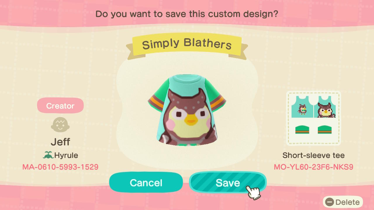 Animal Crossing Design Code: MO-YL60-23F6-NKS9 Simply Blathers