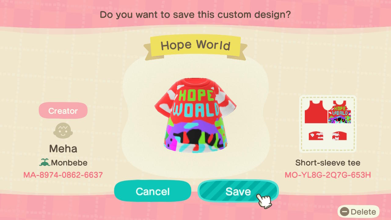 Animal Crossing Design Code: MO-YL8G-2Q7G-653H BTS: Hope World