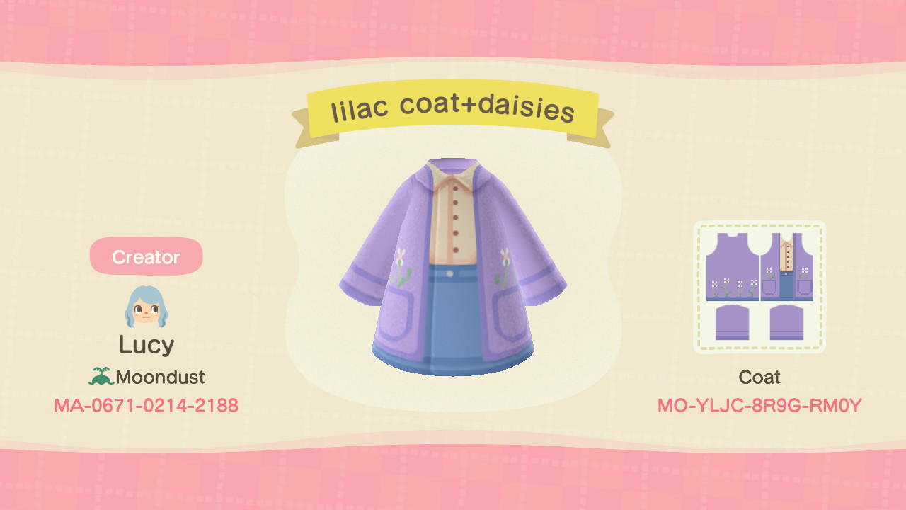 Animal Crossing Design Code: MO-YLJC-8R9G-RM0Y lilac coat + daisies