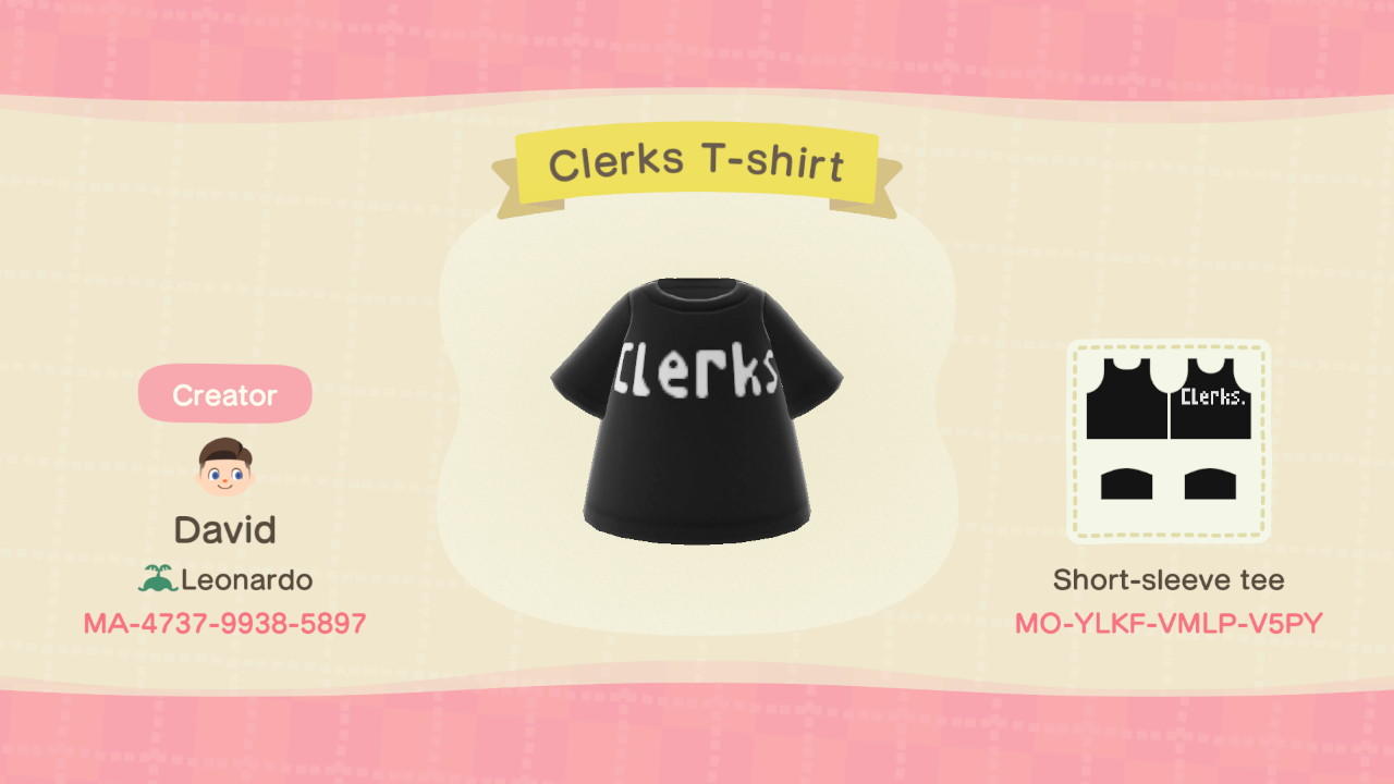 Animal Crossing Design Code: MO-YLKF-VMLP-V5PY Clerks Tshirt