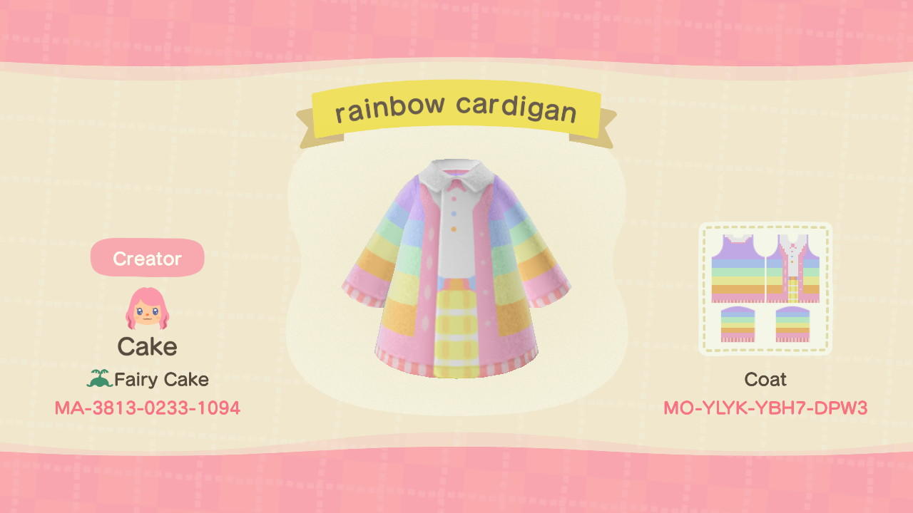 Animal Crossing Design Code: MO-YLYK-YBH7-DPW3 rainbow cardigan
