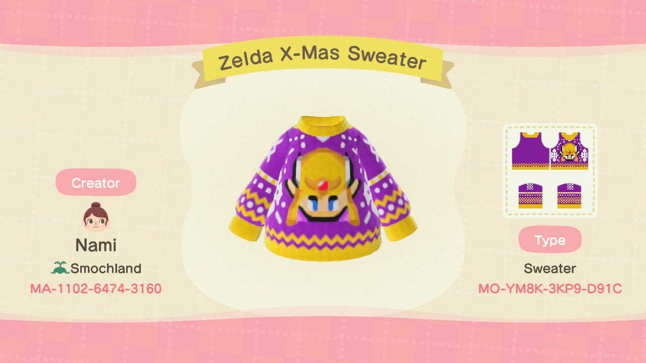 Animal Crossing Design Code: MO-YM8K-3KP9-D91C Zelda X-Mas Sweater