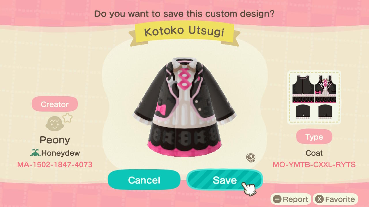 Animal Crossing Design Code: MO-YMTB-CXXL-RYTS Kotoko Utsugi
