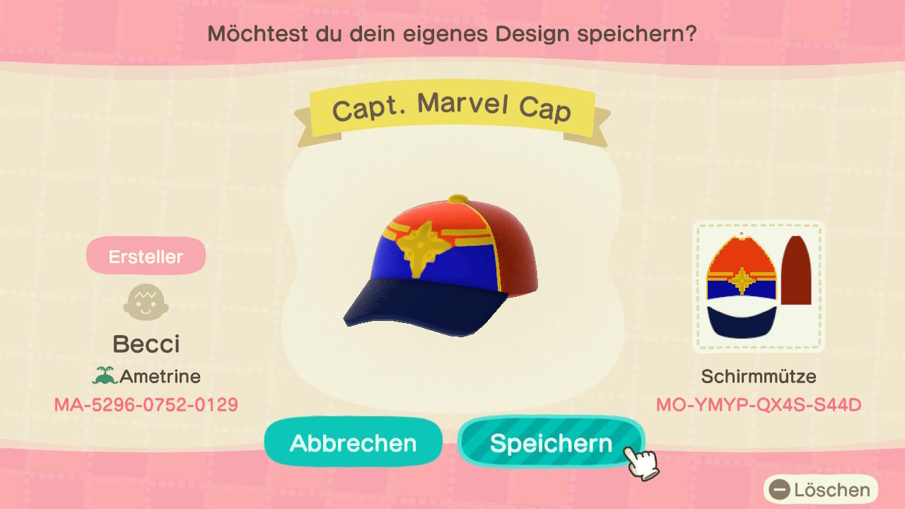Animal Crossing Design Code: MO-YMYP-QX4S-S44D Capt. Marvel Cap