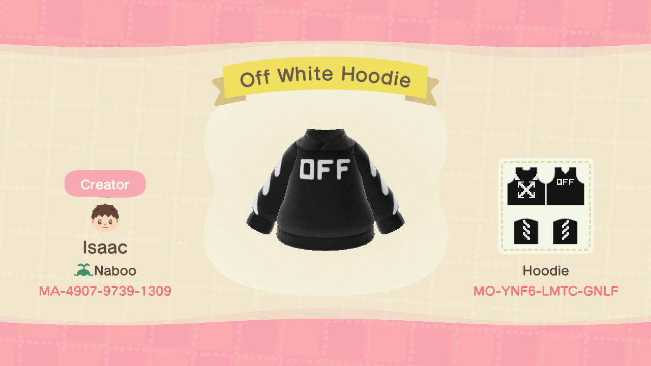 Animal Crossing Design Code: MO-YNF6-LMTC-GNLF Off White Hoodie