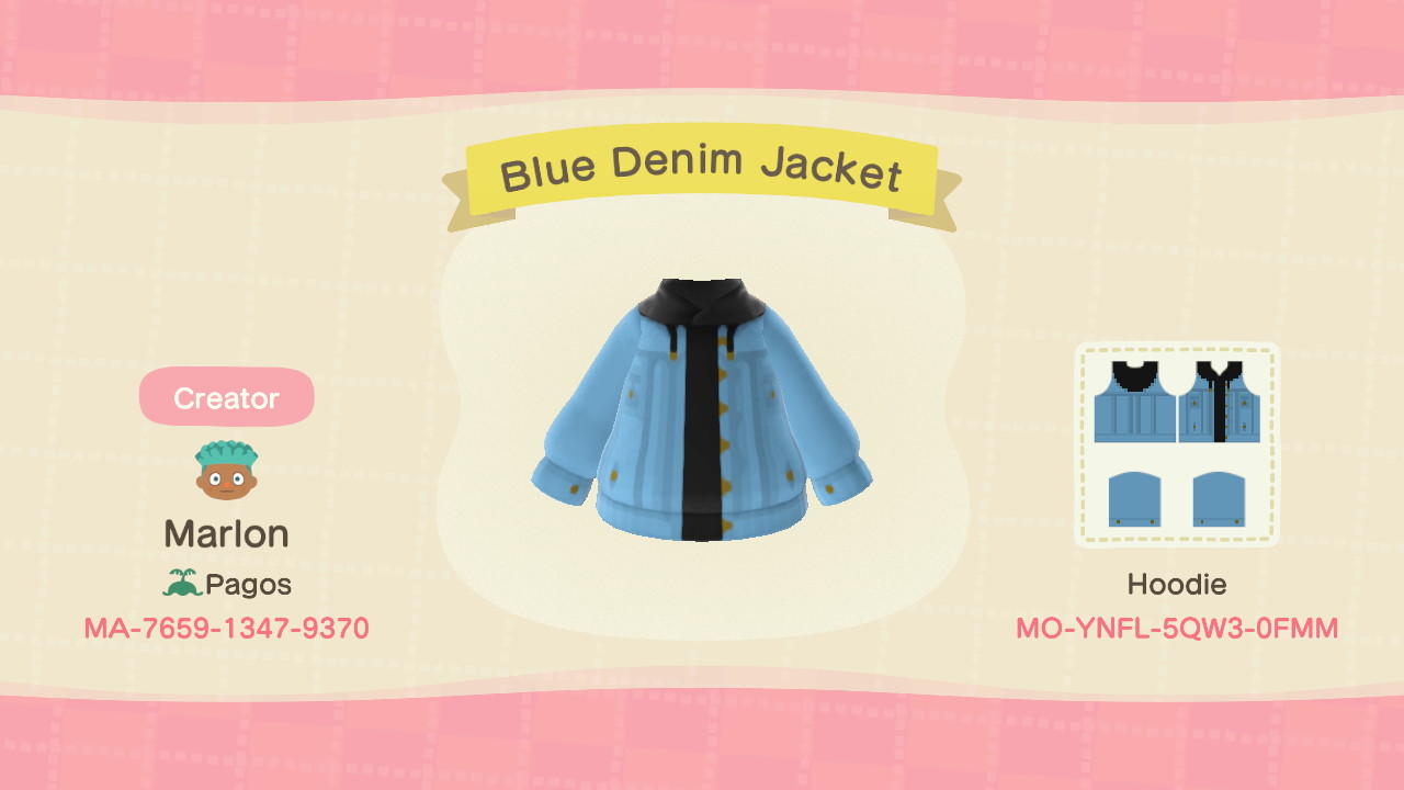 Animal Crossing Design Code: MO-YNFL-5QW3-0FMM Blue Denim Jacket