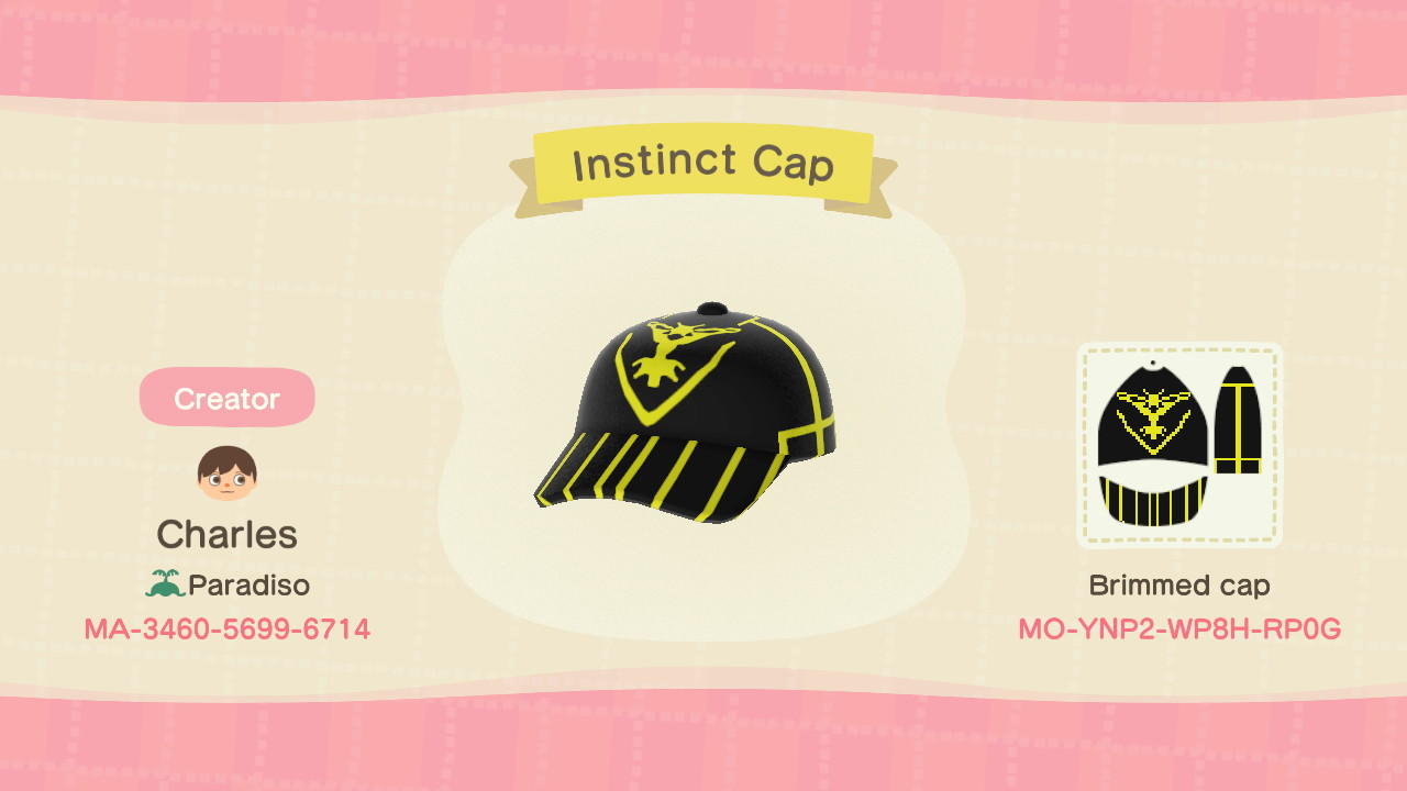 Animal Crossing Design Code: MO-YNP2-WP8H-RP0G Instinct Cap