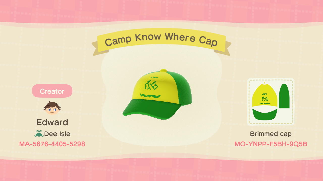 Animal Crossing Design Code: MO-YNPP-F5BH-9Q5B Camp Know Where Cap