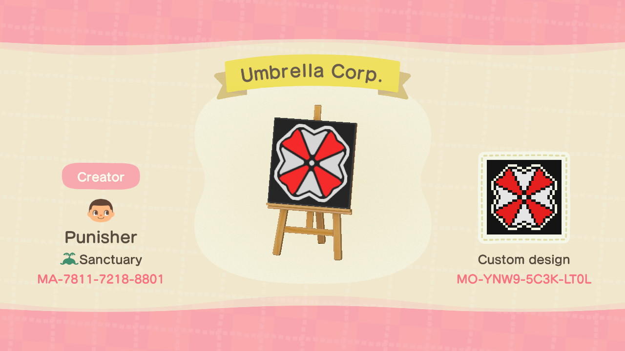 Animal Crossing Design Code: MO-YNW9-5C3K-LT0L Umbrella Corp.