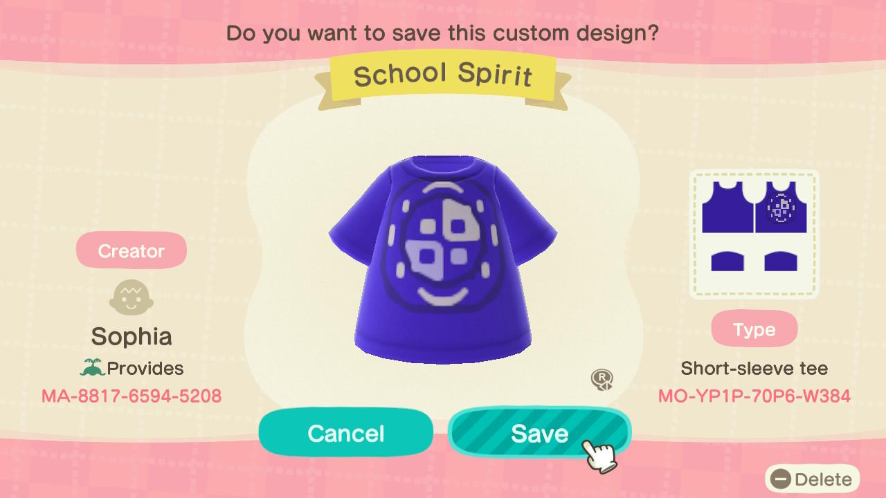 Animal Crossing Design Code: MO-YP1P-70P6-W384 School Spirit