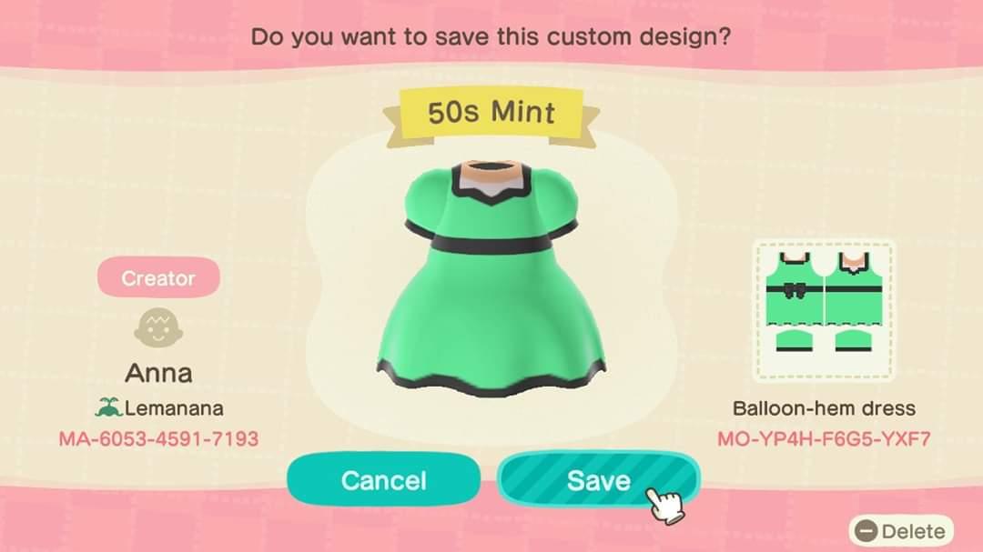 Animal Crossing Design Code: MO-YP4H-F6G5-YXF7 50s Mint