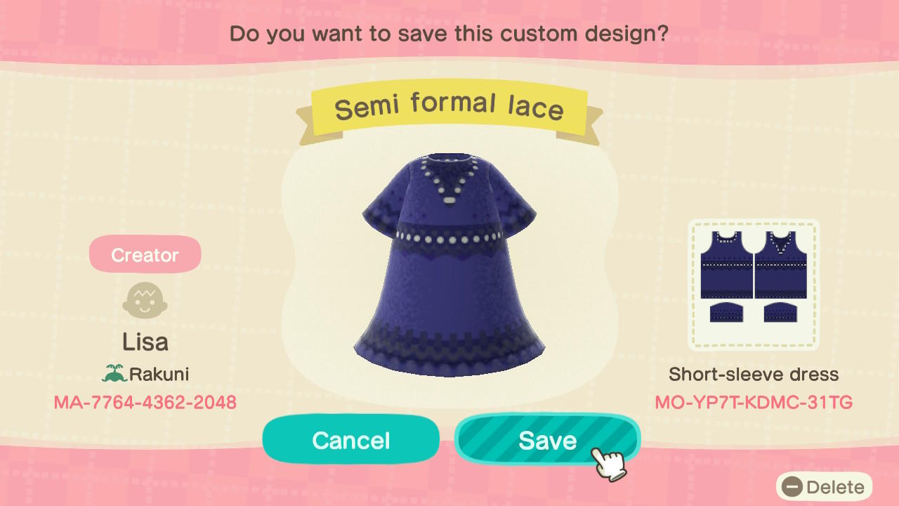 Animal Crossing Design Code: MO-YP7T-KDMC-31TG Semi Formal Lace dre