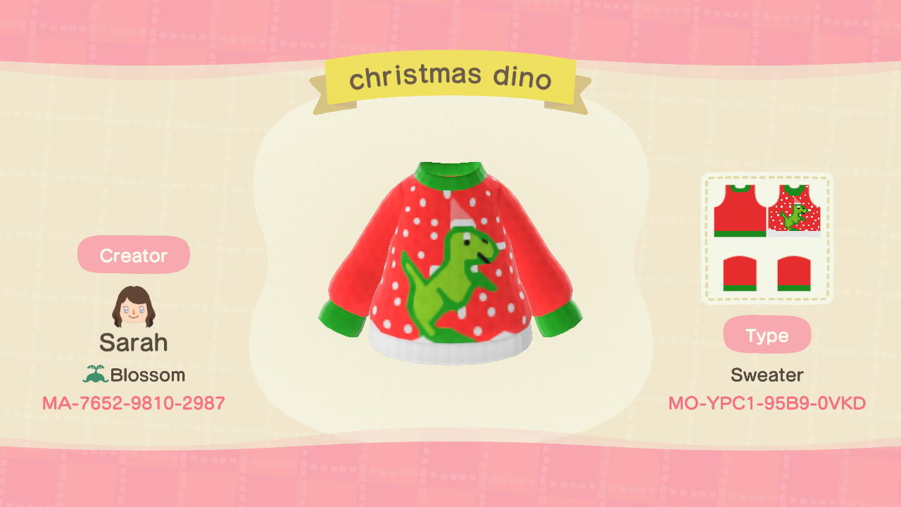 Animal Crossing Design Code: MO-YPC1-95B9-0VKD Christmas Dino