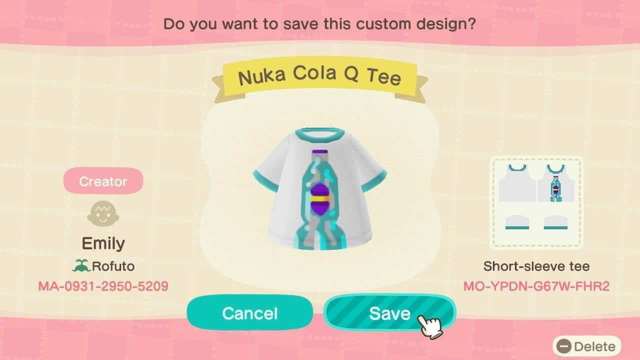 Animal Crossing Design Code: MO-YPDN-G67W-FHR2 Nuka Cola Q Tee