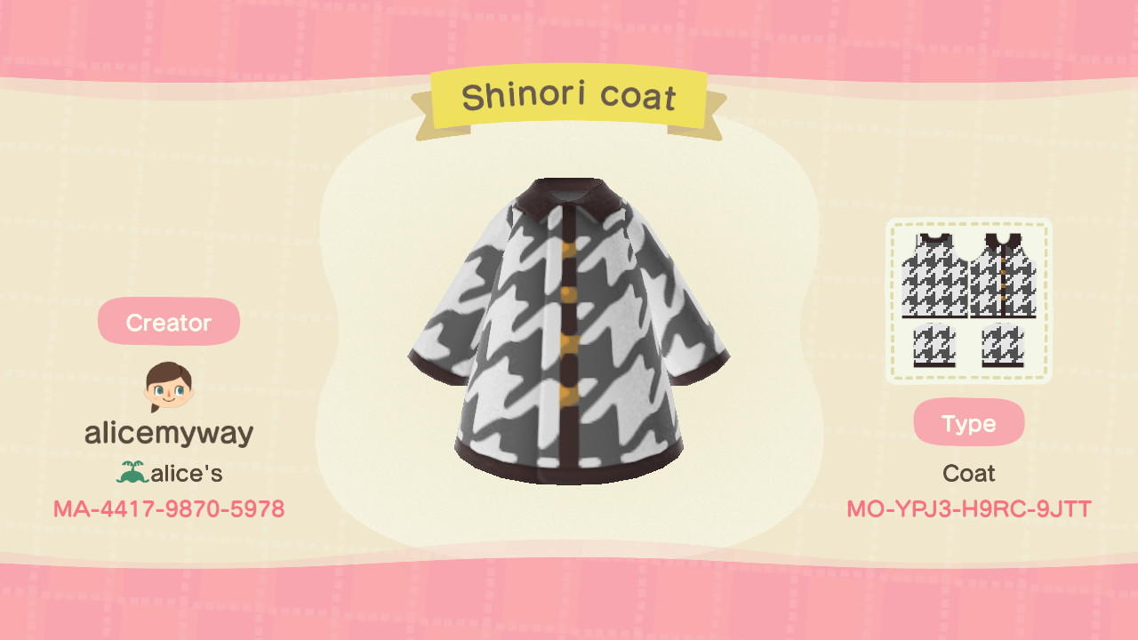 Animal Crossing Design Code: MO-YPJ3-H9RC-9JTT Shinori coat