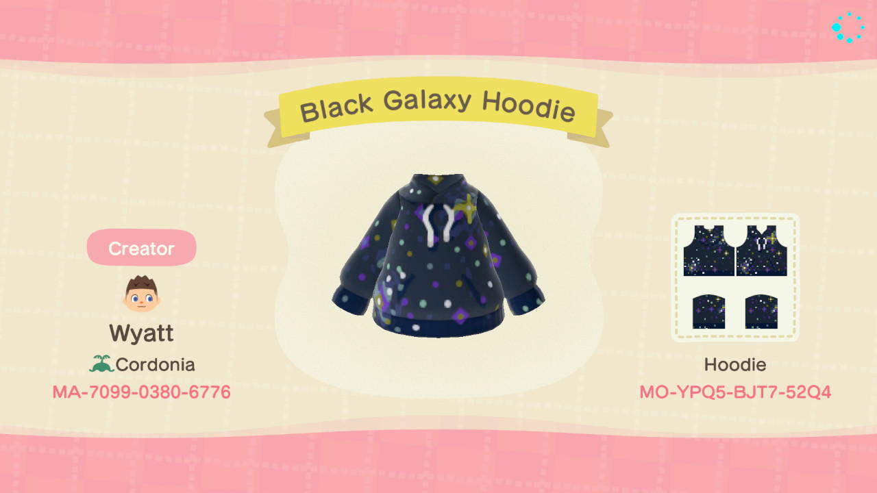 Animal Crossing Design Code: MO-YPQ5-BJT7-52Q4 Black Galaxy Hoodie