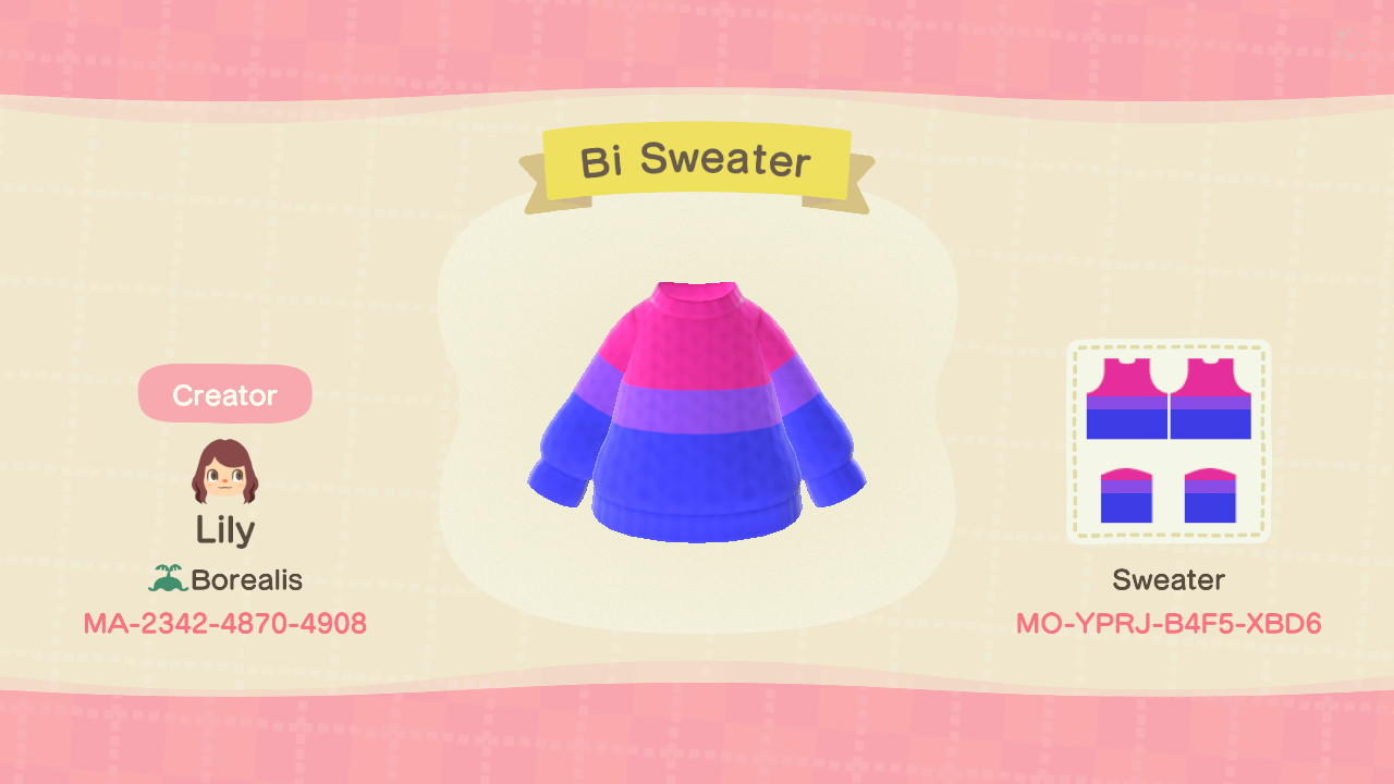 Animal Crossing Design Code: MO-YPRJ-B4F5-XBD6 Bisexual (BiSweater)