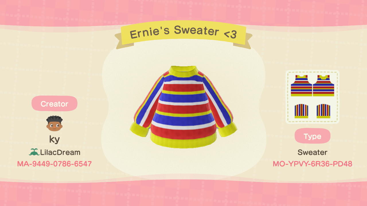 Animal Crossing Design Code: MO-YPVY-6R36-PD48 Ernie's Sweater <3