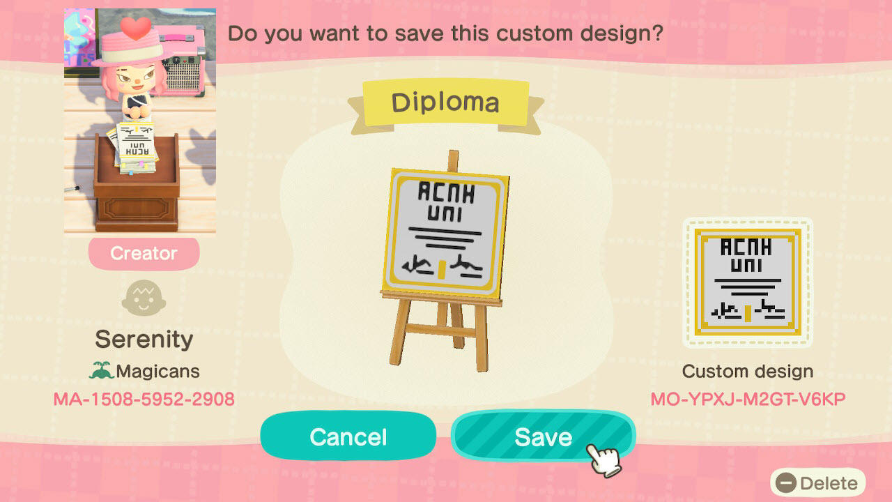 Animal Crossing Design Code: MO-YPXJ-M2GT-V6KP Diploma