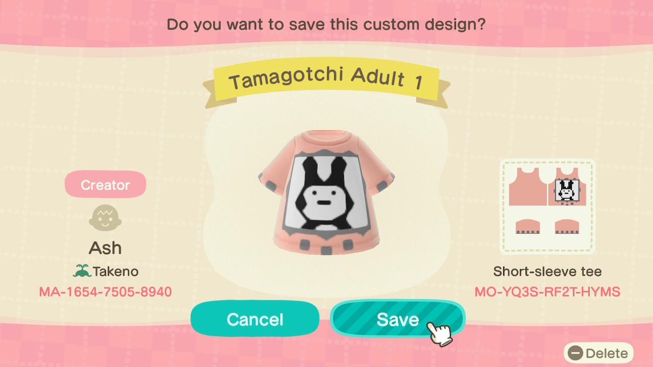 Animal Crossing Design Code: MO-YQ3S-RF2T-HYMS Tamagotchi Adult 1