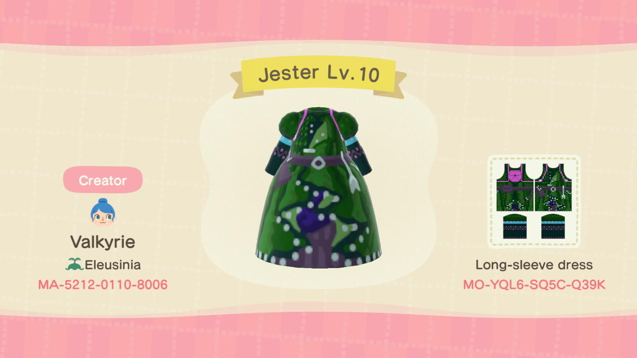 Animal Crossing Design Code: MO-YQL6-SQ5C-Q39K Jester Lv. 10