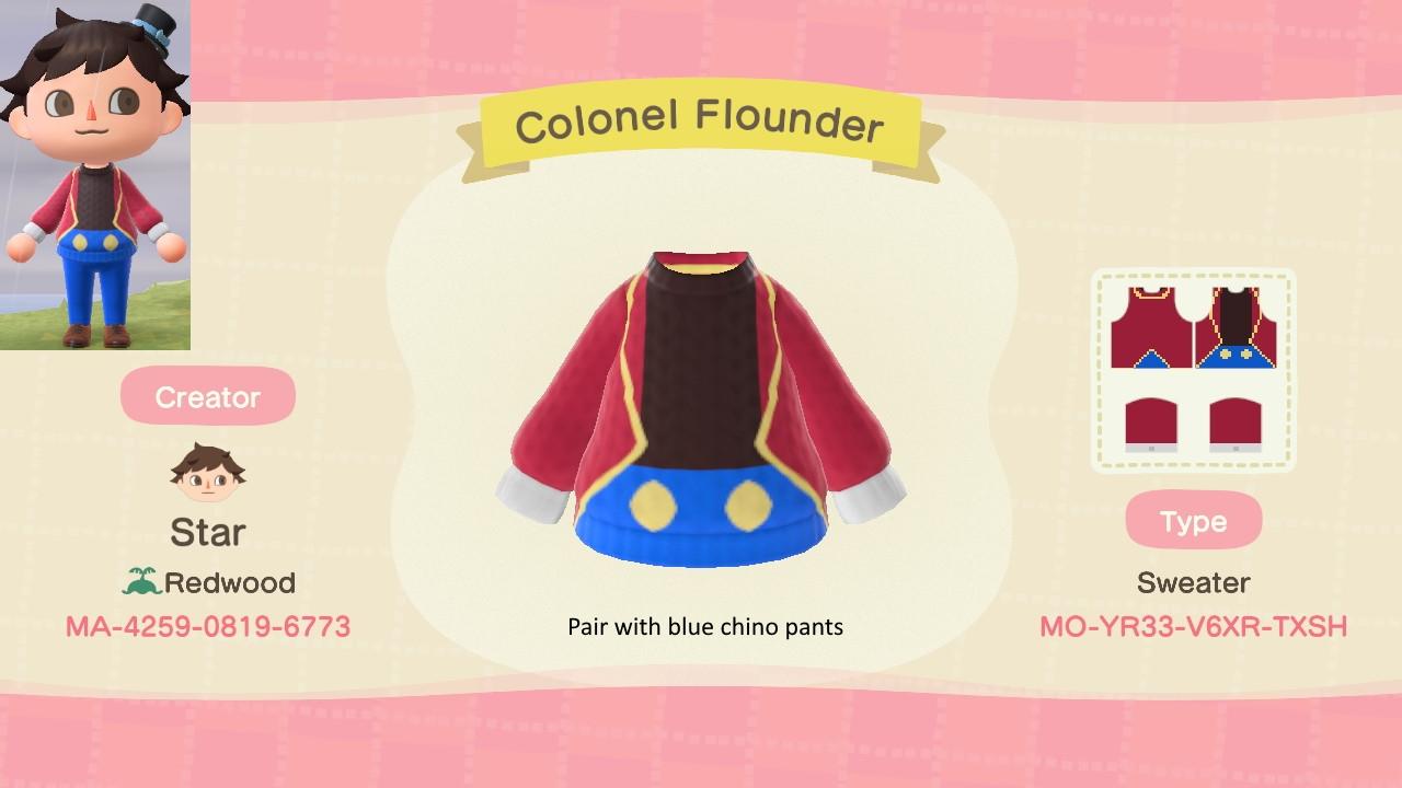 Animal Crossing Design Code: MO-YR33-V6XR-TXSH Colonel Flounder
