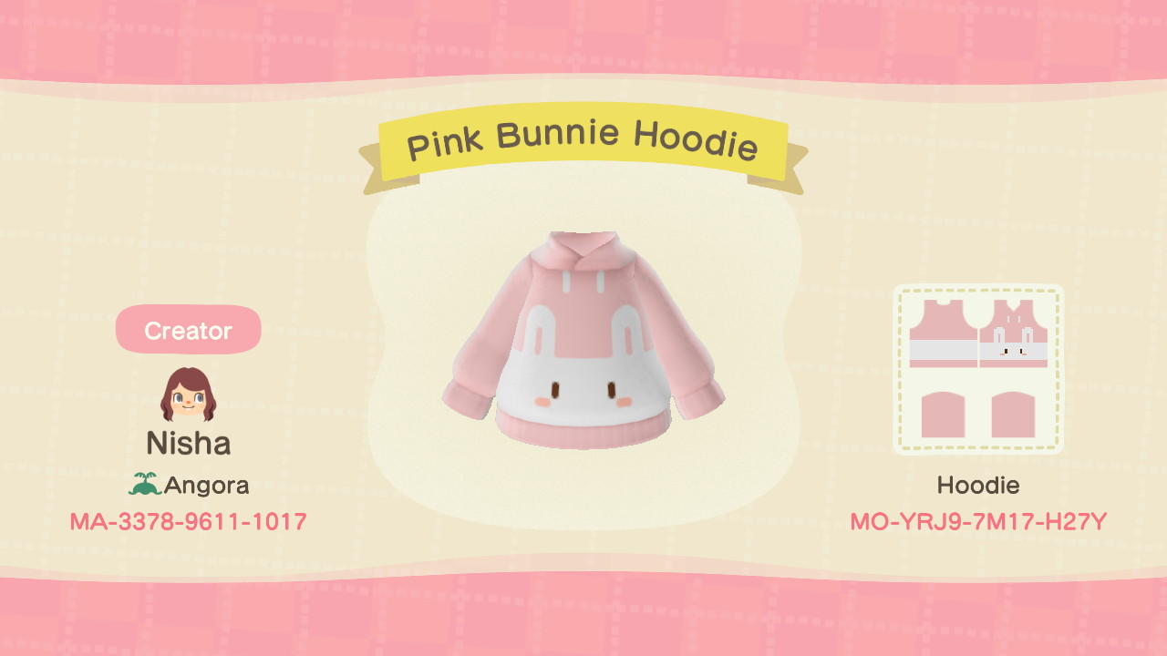 Animal Crossing Design Code: MO-YRJ9-7M17-H27Y Pink Bunnie Hoodie