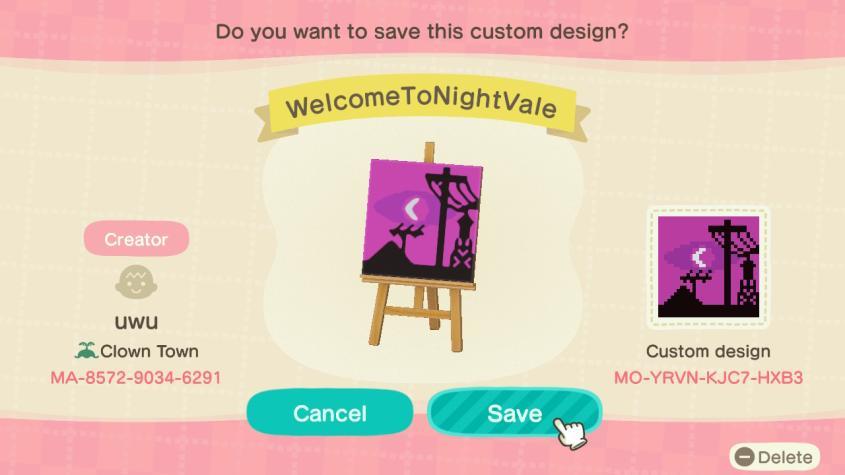 Animal Crossing Design Code: MO-YRVN-KJC7-HXB3 WelcomeToNightVale