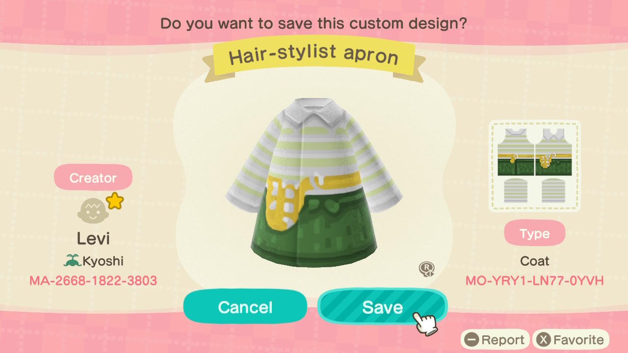 Animal Crossing Design Code: MO-YRY1-LN77-0YVH Hair-stylist apron