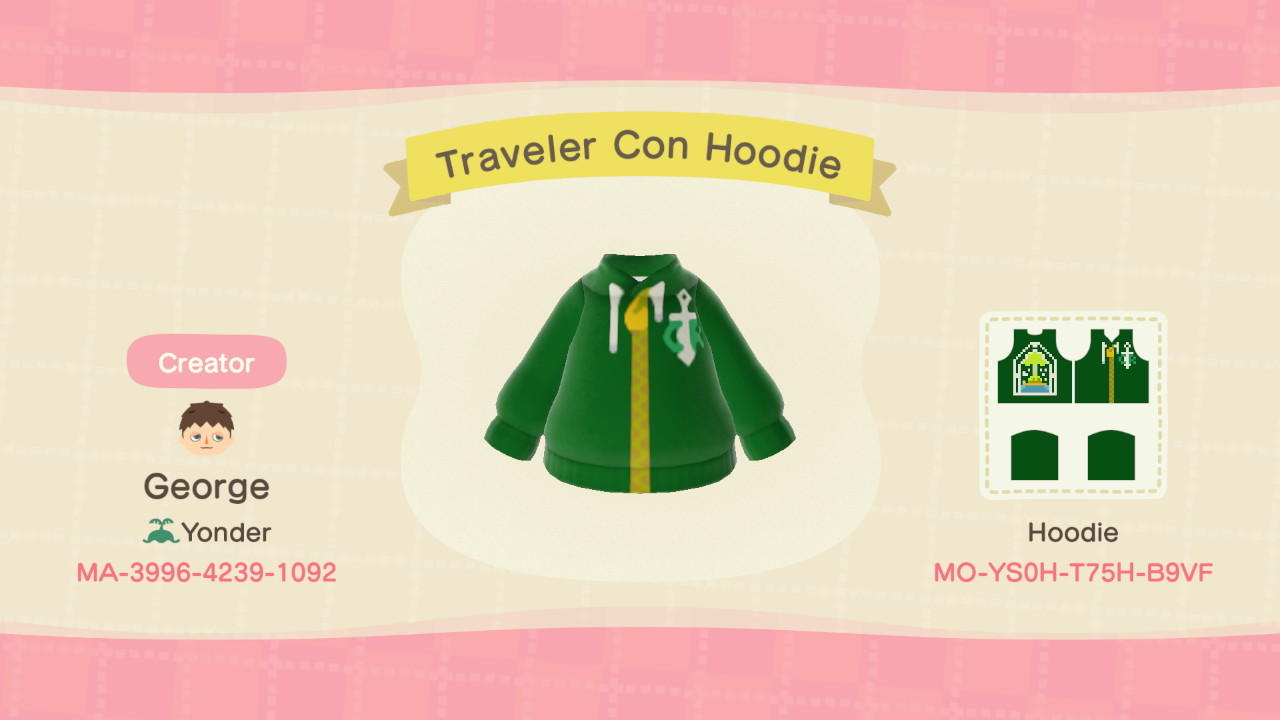 Animal Crossing Design Code: MO-YS0H-T75H-B9VF Traveler Con Hoodie