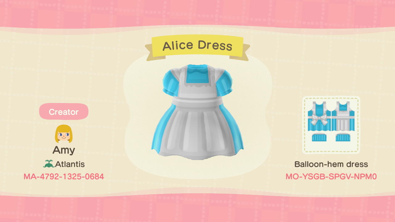 Animal Crossing Design Code: MO-YSGB-SPGV-NPM0 Alice Dress