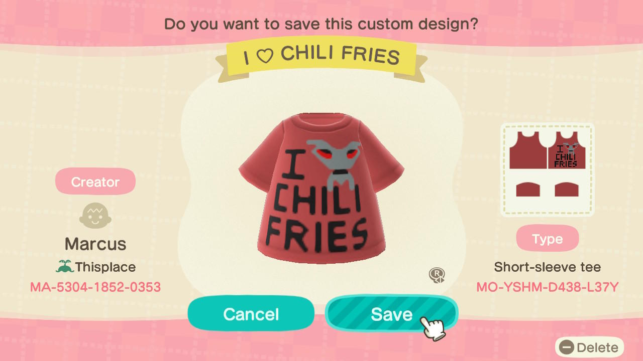 Animal Crossing Design Code: MO-YSHM-D438-L37Y I ♡ Chili Fries
