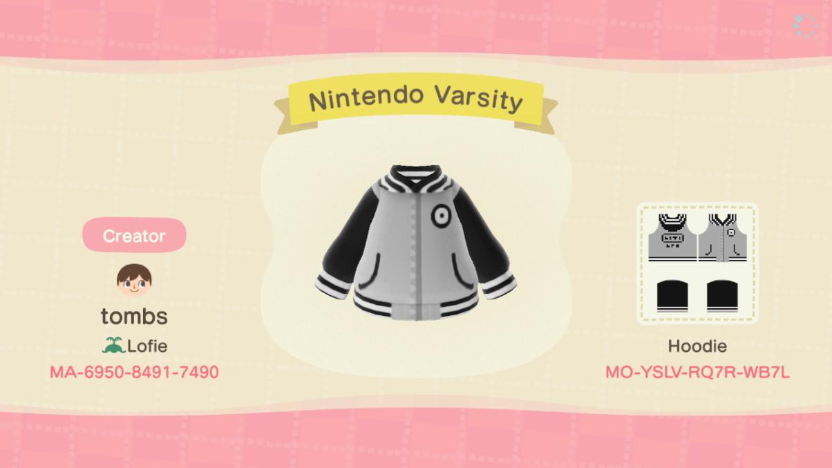 Animal Crossing Design Code: MO-YSLV-RQ7R-WB7L Nintendo Varsity Jac