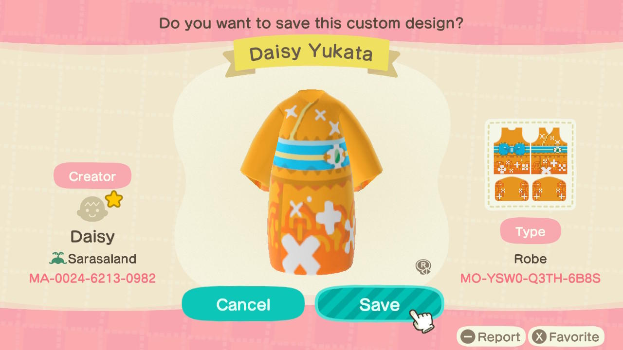 Animal Crossing Design Code: MO-YSW0-Q3TH-6B8S Daisy Yukata