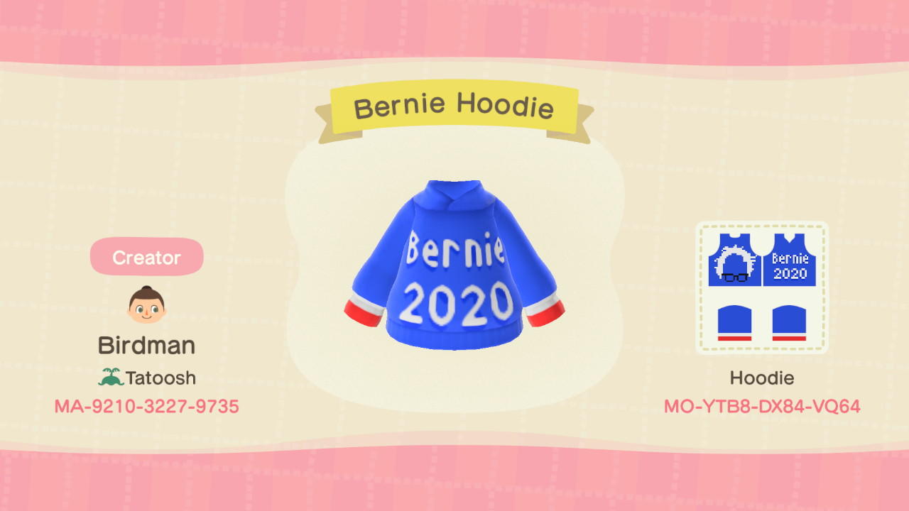 Animal Crossing Design Code: MO-YTB8-DX84-VQ64 Bernie Hoodie
