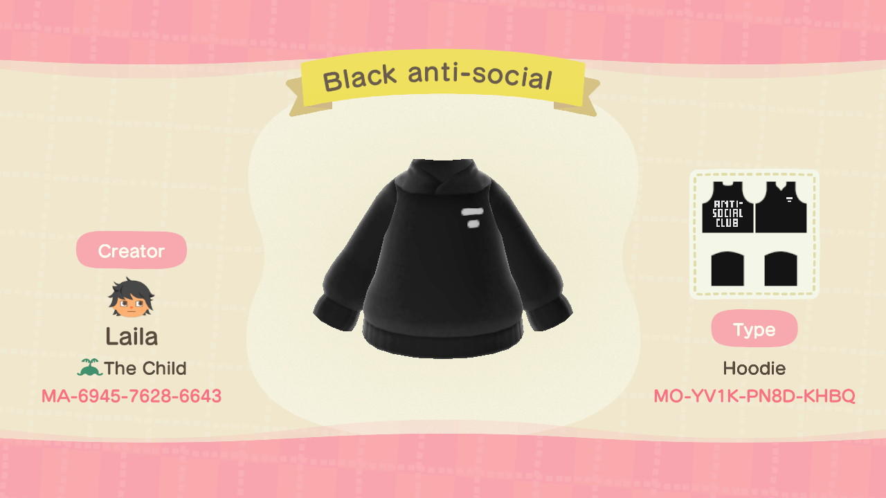 Animal Crossing Design Code: MO-YV1K-PN8D-KHBO Anti-Social Hoodie