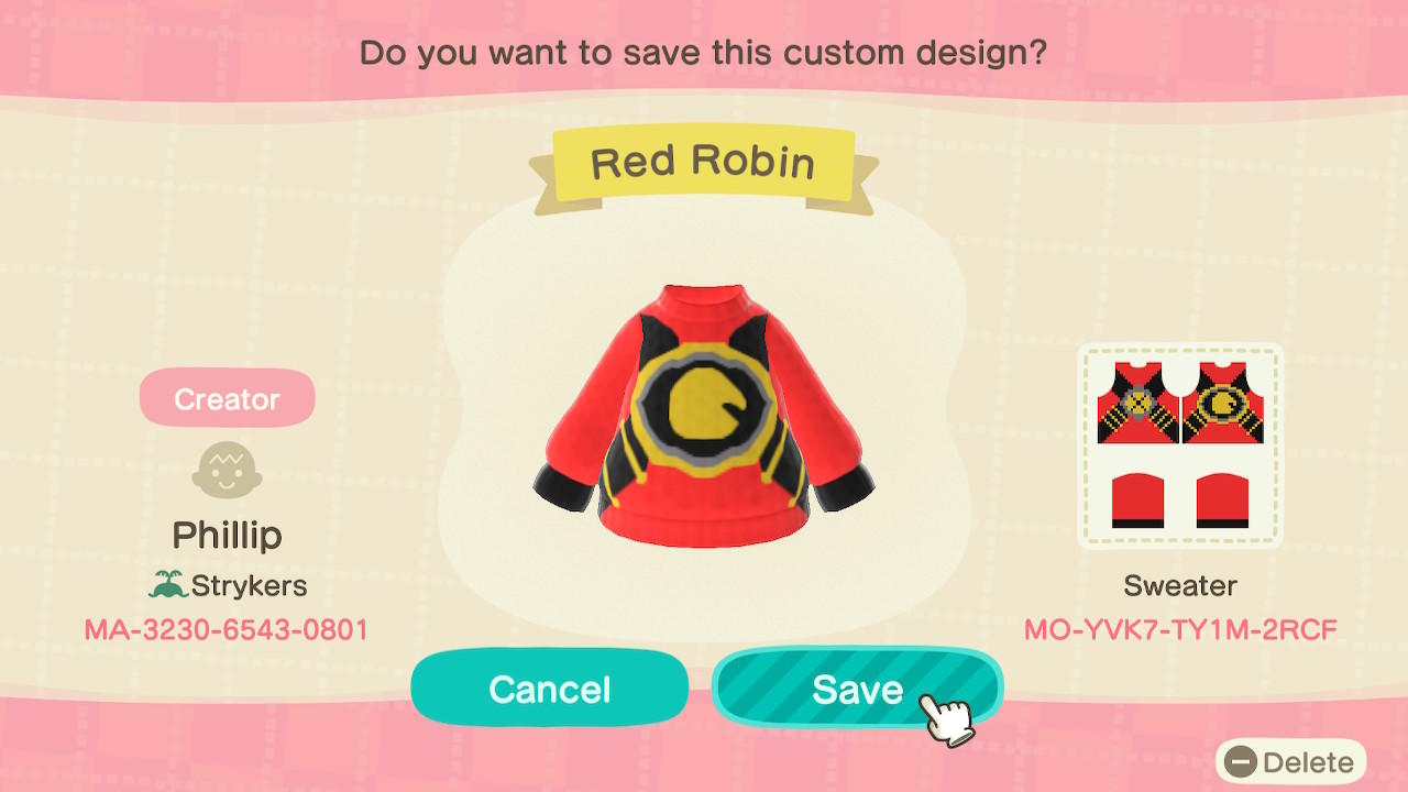 Animal Crossing Design Code: MO-YVK7-TY1M-2RCF Red Robin