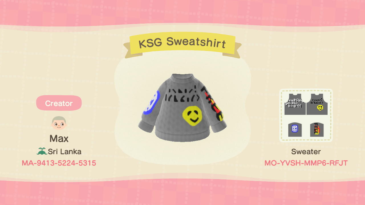 Animal Crossing Design Code: MO-YVSH-MMP6-RFJT KSG Sweatshirt