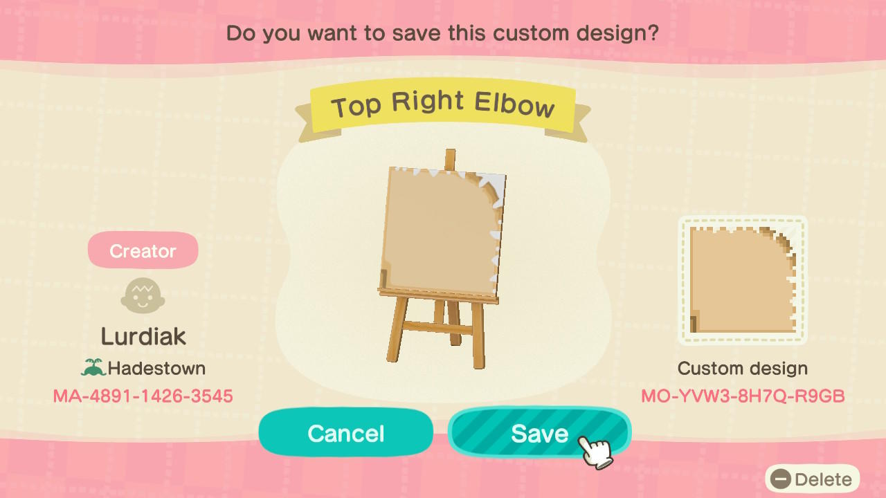 Animal Crossing Design Code: MO-YVW3-8H7Q-R9GB Top Right Elbow
