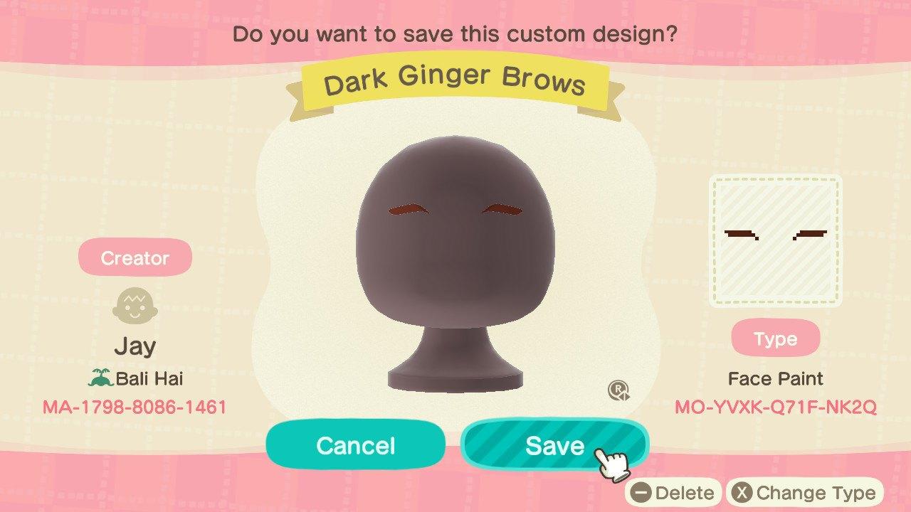 Animal Crossing Design Code: MO-YVXK-Q71F-NK2Q Dark Ginger Brows