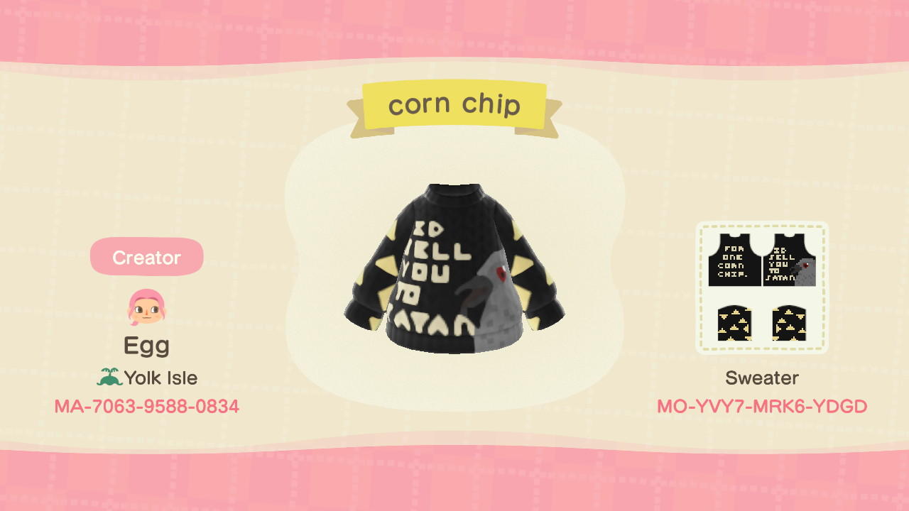 Animal Crossing Design Code: MO-YVY7-MRK6-YDGD corn chip