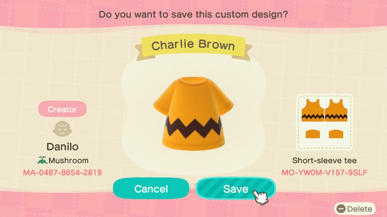 Animal Crossing Design Code: MO-YW0M-V157-9SLF Charlie Brown