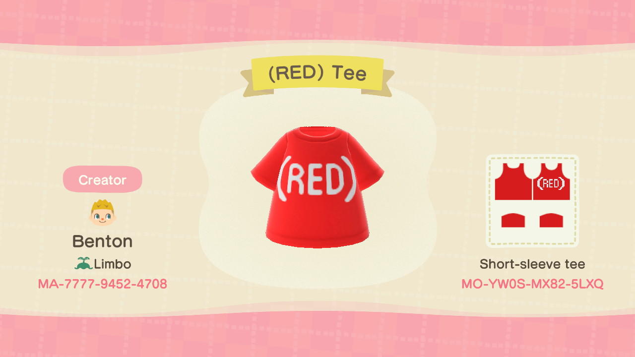 Animal Crossing Design Code: MO-YW0S-MX82-5LXQ (RED) Tee
