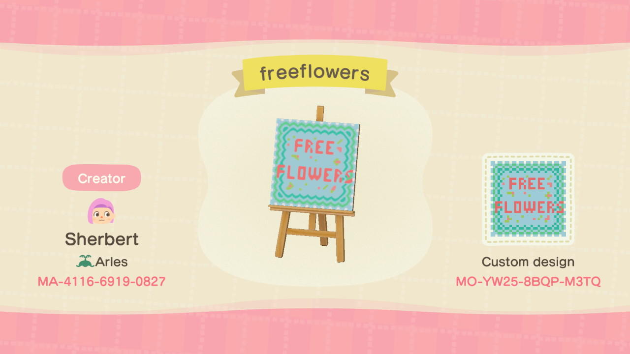 Animal Crossing Design Code: MO-YW25-8BQP-M3TQ Free Flowers Sign