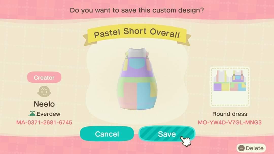 Animal Crossing Design Code: MO-YW4D-V7GL-MNG3 Pastel Short Overall