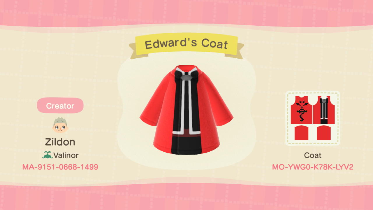 Animal Crossing Design Code: MO-YWG0-K78K-LYV2 Edward&#39;s Coat