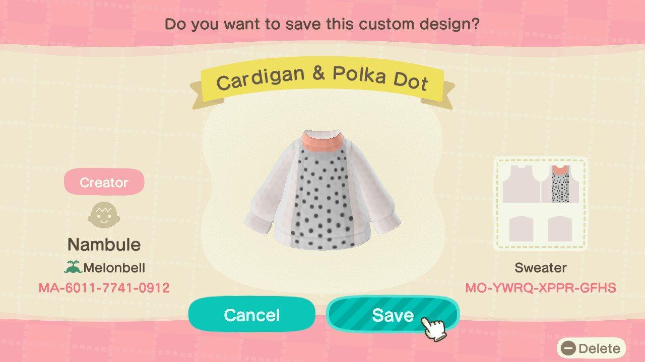 Animal Crossing Design Code: MO-YWRQ-XPPR-GFHS Cardigan & Polka Dot
