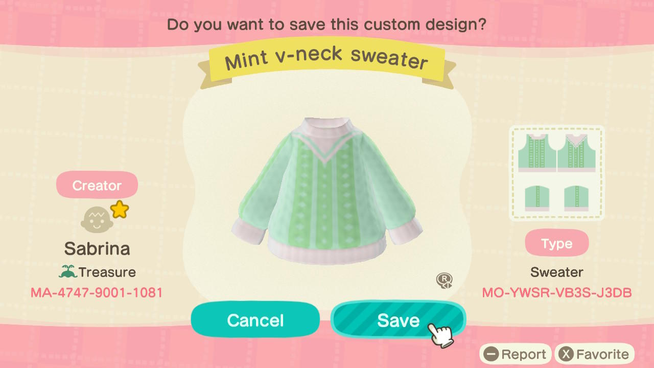 Animal Crossing Design Code: MO-YWSR-VB3S-J3DB Mint V-Neck Sweater