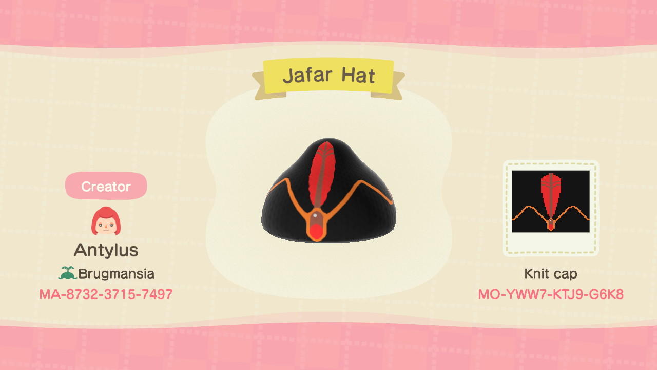 Animal Crossing Design Code: MO-YWW7-KTJ9-G6K8 Jafar Hat