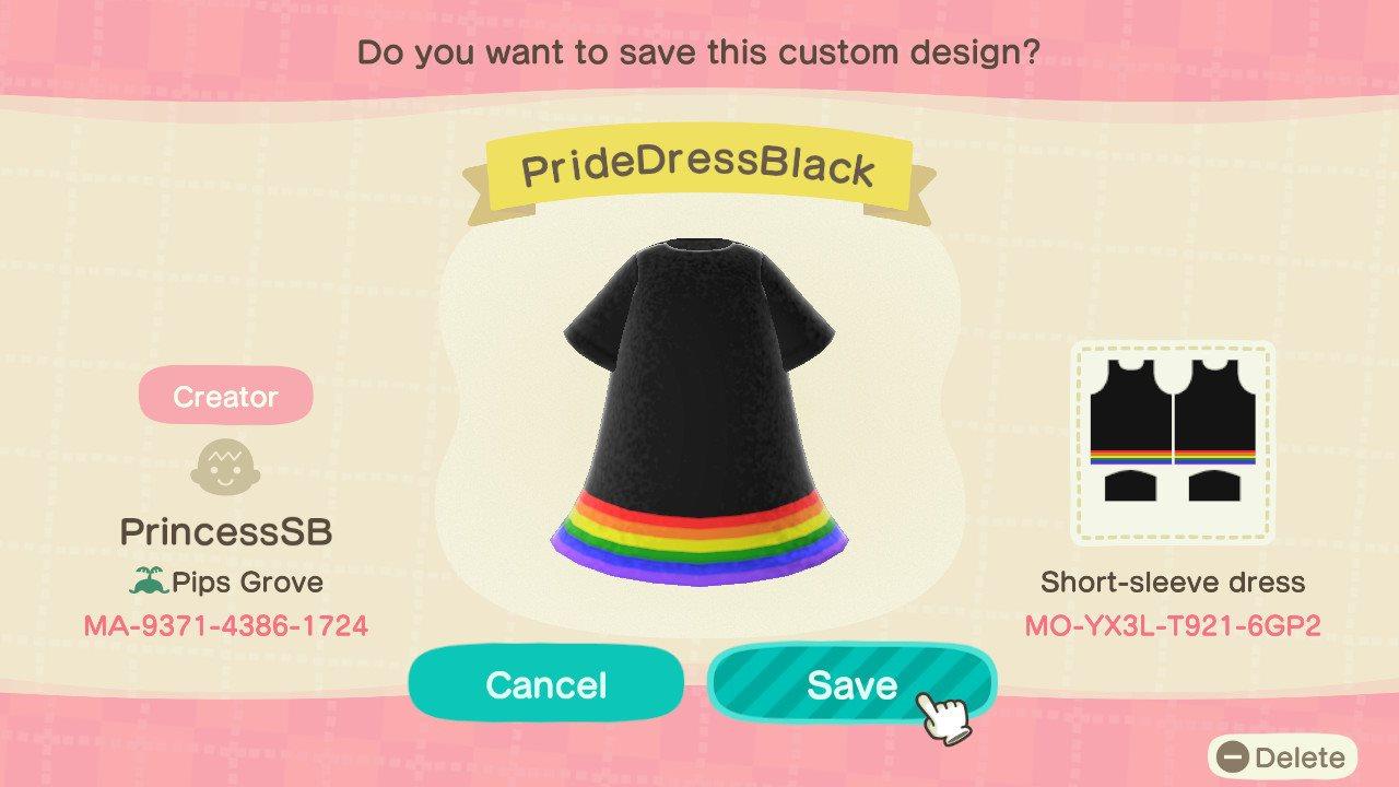 Animal Crossing Design Code: MO-YX3L-T921-6GP2 Rainbow Pride Dress